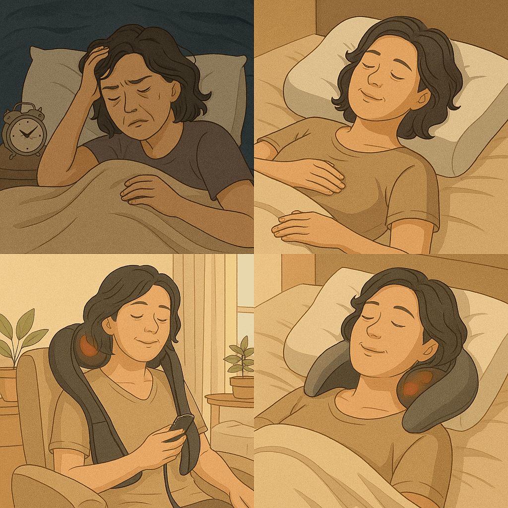 숙면에 도움이 되는 제품을 사용하고 불면증이 해소 된 50대 여성의 변화 4컷 일러스트